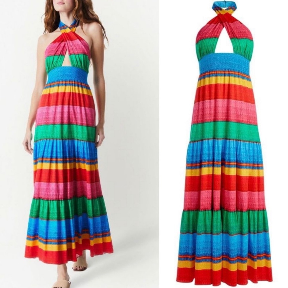 Alice + Olivia NWT Lyndon Multicolor Cabo Stripe Maxi Dress Halter Cut Out Flowy - Picture 3 of 16